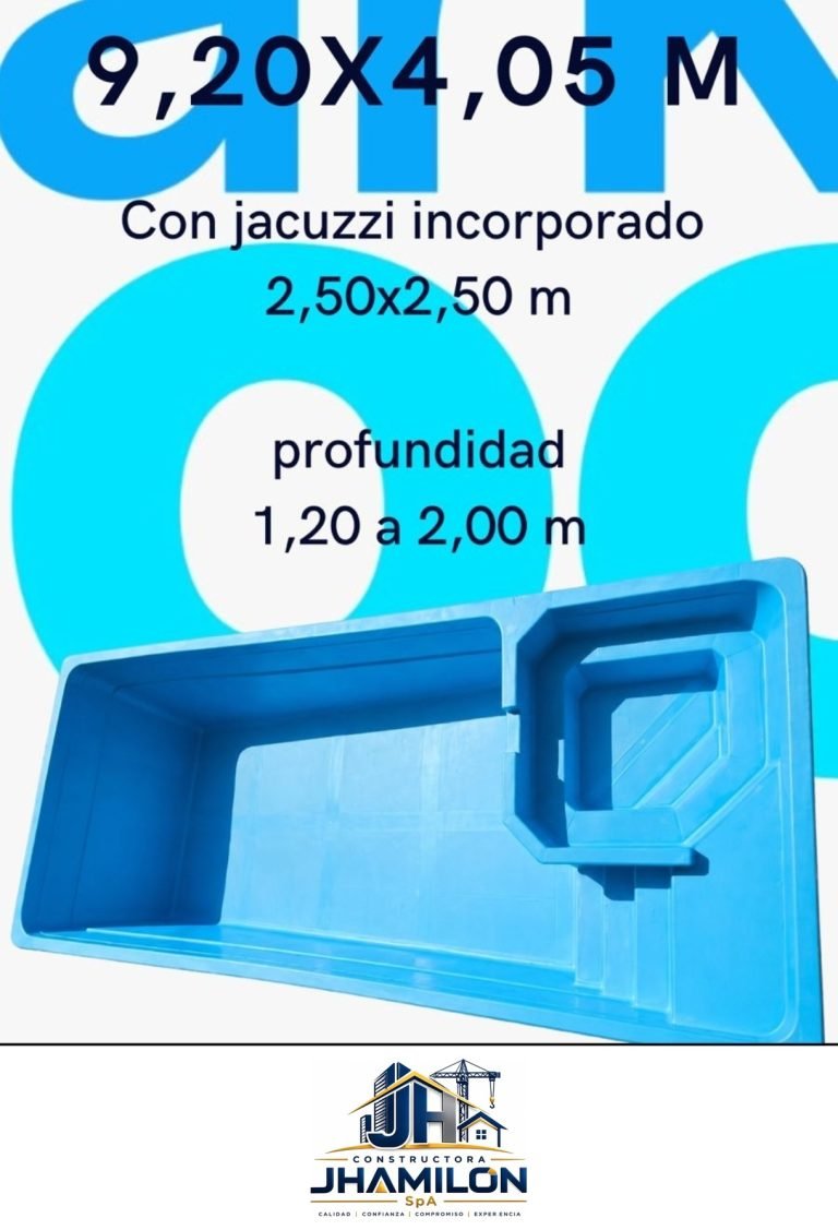 Piscina de fibra de vidrio 9,20 × 4,05 m — Con jacuzzi incorporado de 2,50 x 2,50