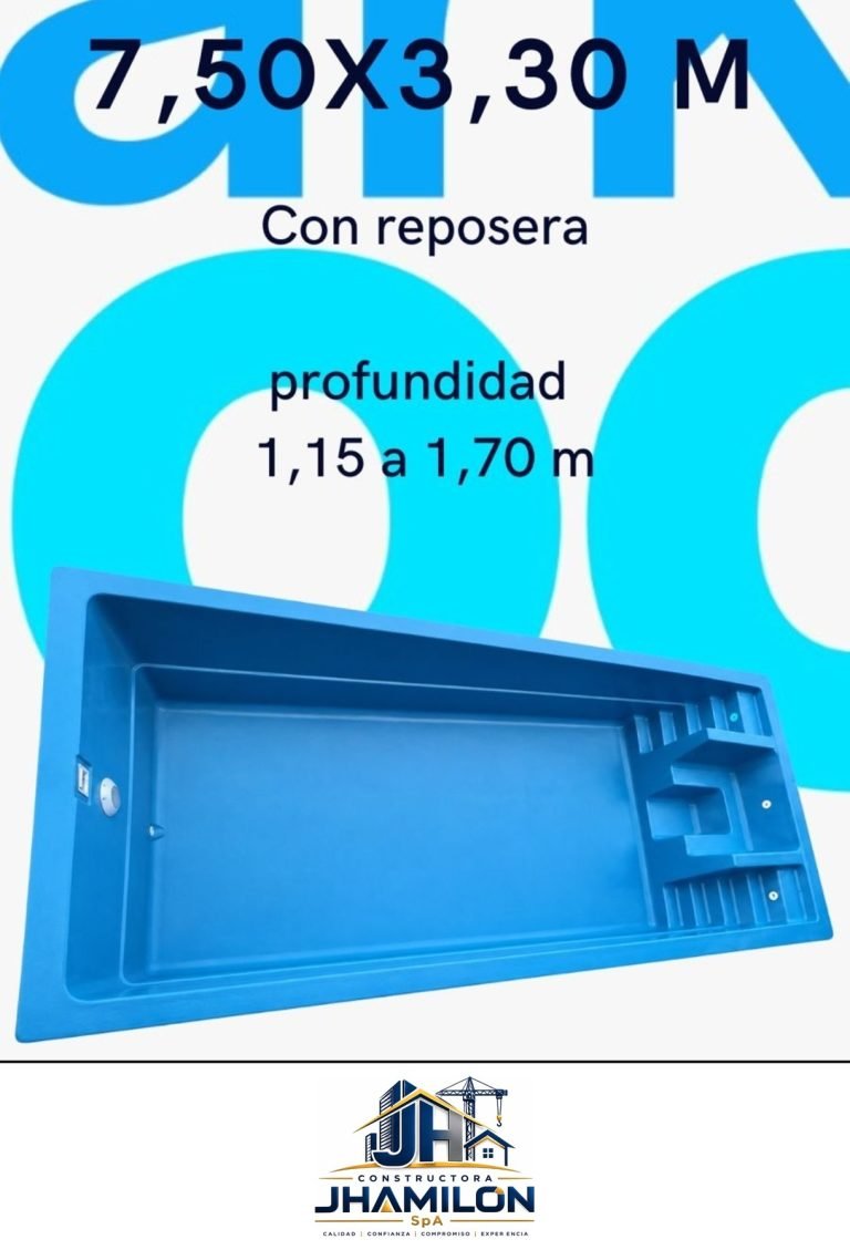 Piscina de fibra de vidrio 7,50 × 3,30 m — Con reposera
