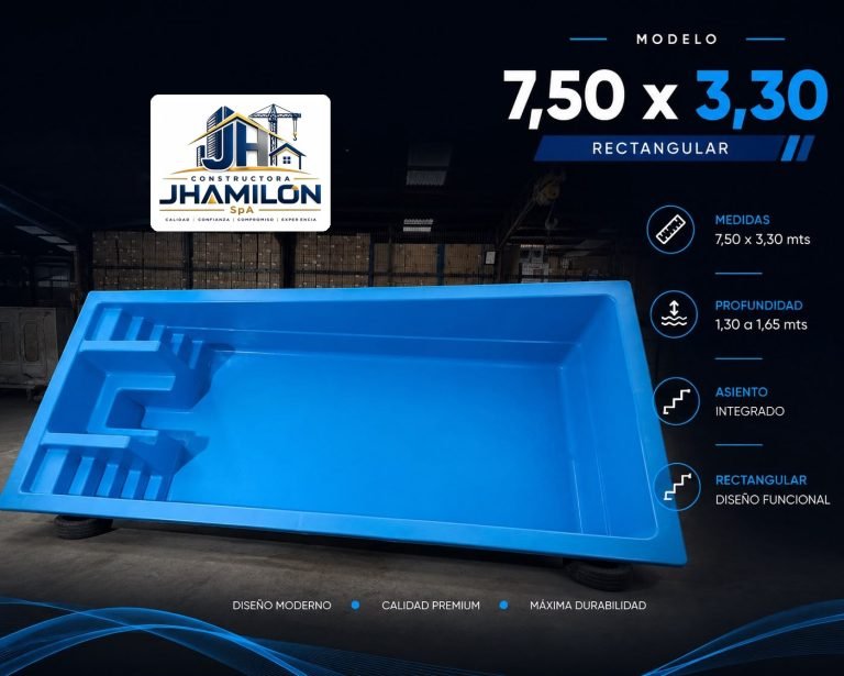 Piscina de fibra de vidrio 7,50 × 3,30 m — Rectangular con asiento integrado