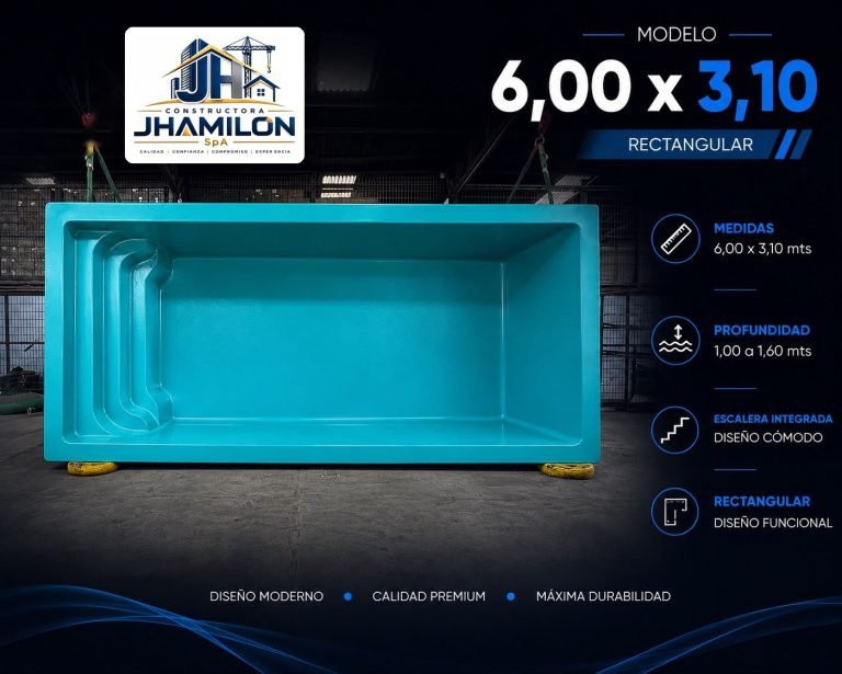 Piscina de fibra de vidrio 6,00 × 3,10 m — Rectangular con escalera integrada