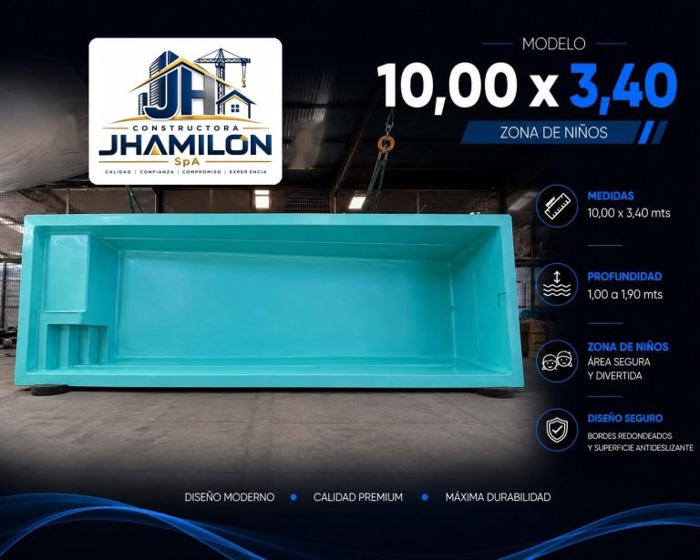 Piscina de fibra de vidrio 10,00 × 3,40 m — Con zona de niños
