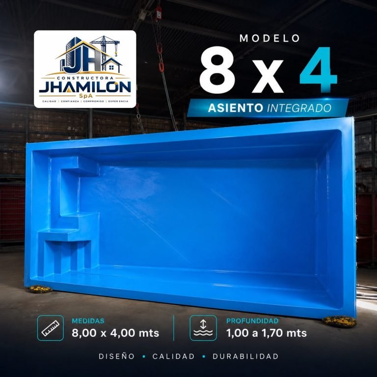 Piscina de fibra de vidrio 8,00 × 4,00 m — Asiento integrado