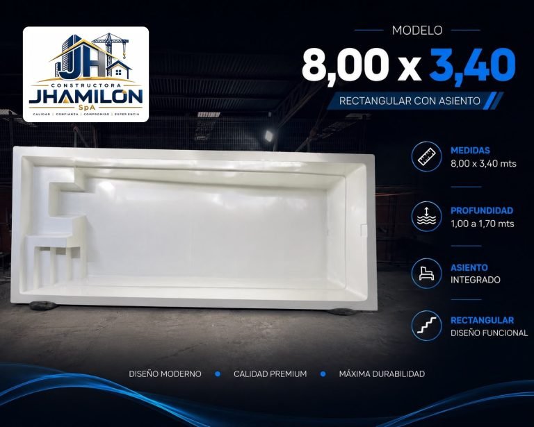 Piscina de fibra de vidrio 8,00 × 3,40 m — Rectangular con asiento