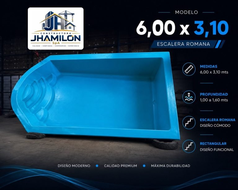 Piscina de fibra de vidrio 6,00 × 3,10 m — Escalera romana